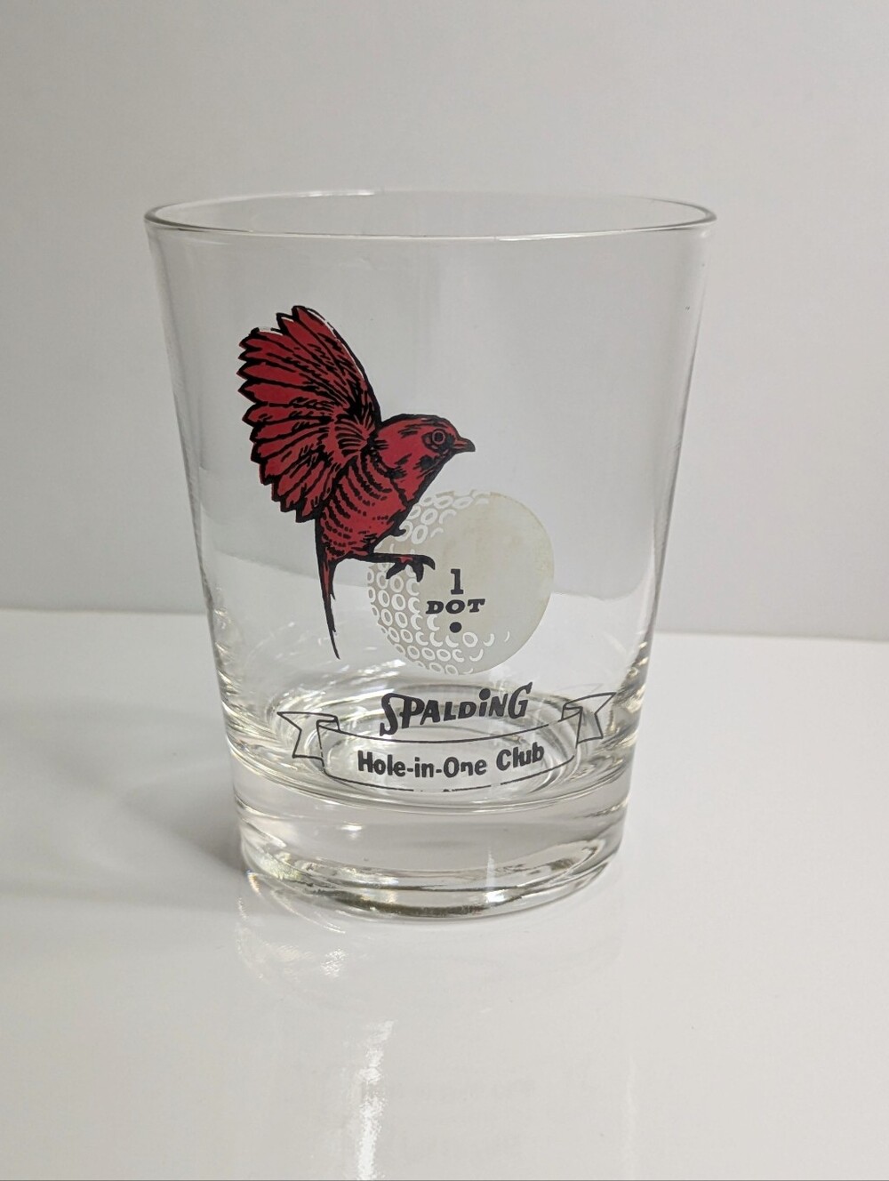 Vintage Spalding Hole-in-One Club whiskey rocks glass red bird Golf Ball Barware